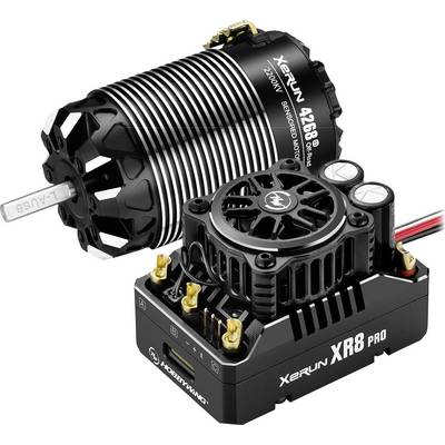 'Brushless Motor and ESC for RC Models. The motor has cooling fins and a metal casing, the ESC has a heatsink and fan.'