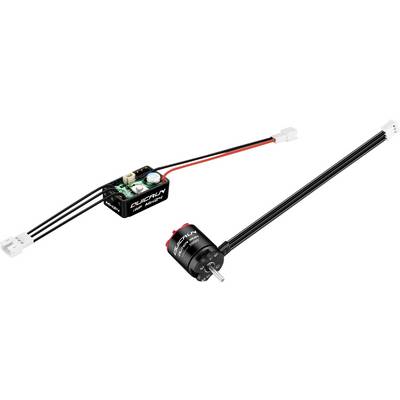 'Brushless Motor and Control Unit for Remote-Controlled Vehicles by OVERUN. Black and red cables connect the components. Controller on the left, motor on the right.'