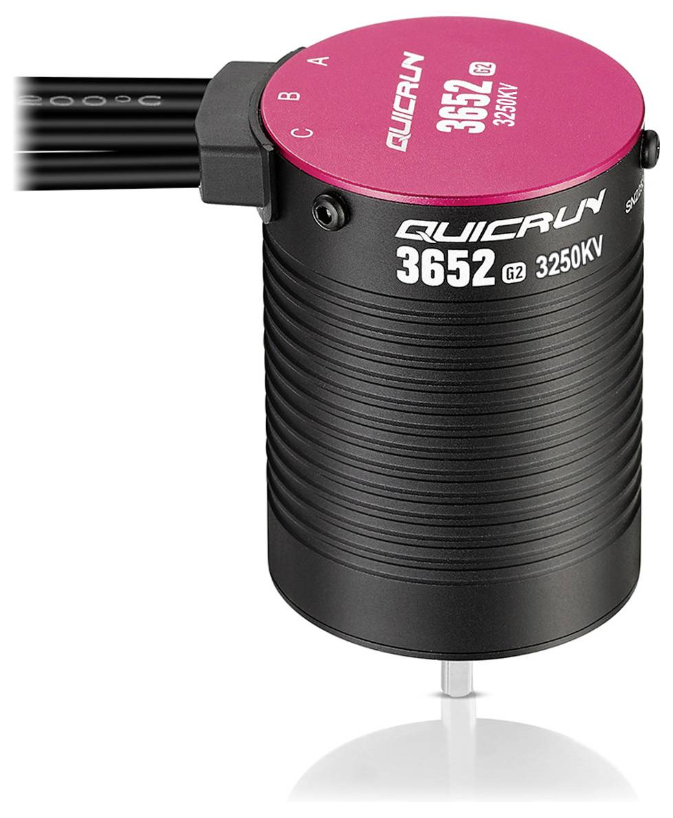A black, cylindrical electric motor with a red top surface, displaying 'QUICRUN 3652 G2 3250KV'. Cables are connected.