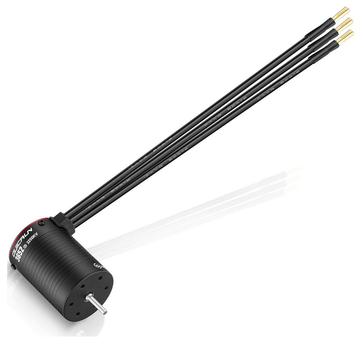 Brushless electric motor with three protruding cables, black housing, used in model-making applications for high efficiency.