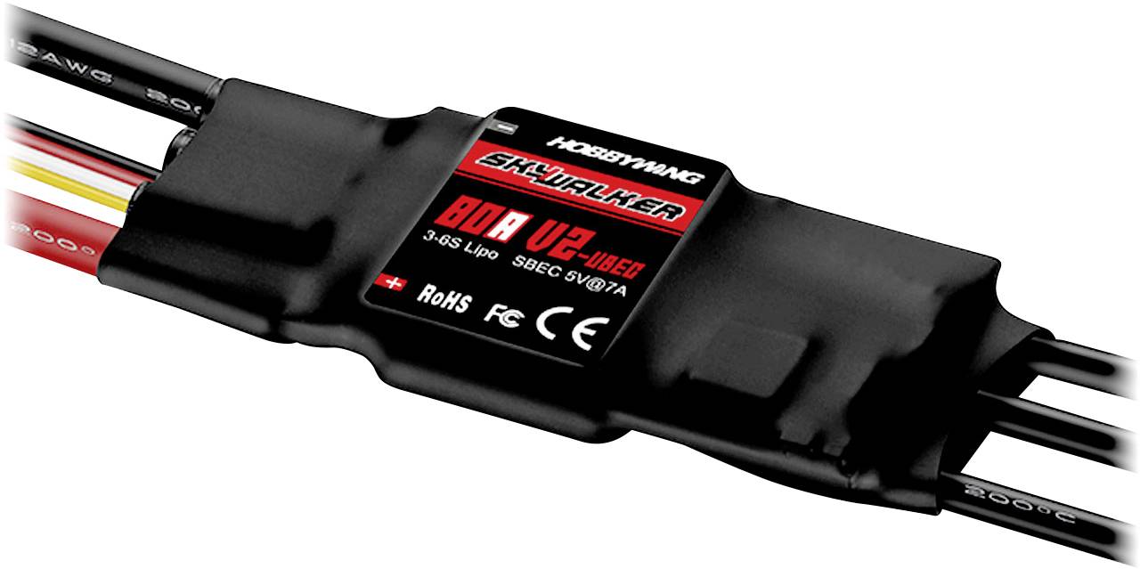 An electronic speed controller with the inscription 'Skywalker 80A V2'. Supports 3-6S LiPo, 5V/7A BEC. Suitable for model aircraft.