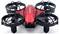 Red drone with four black propellers, with the inscription 'breezy' on the top, standing upright.