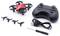Small red drone with black controller, four spare propellers, USB charging cable, and screwdriver on white background.