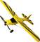 A yellow and black model aeroplane with a propeller and stripe pattern is flying in the air.