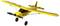 Yellow model aircraft with black accents, two wheels and a propeller at the front, hovering in the air.