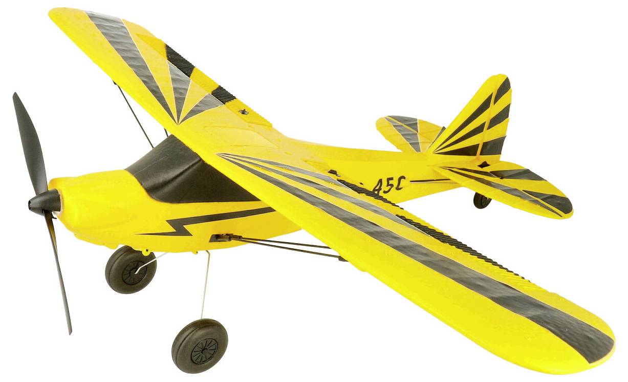 Yellow model aircraft with a black striped pattern on the wings. It has a three-wheeled undercarriage and a propeller.