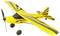 Yellow model aircraft with a black striped pattern on the wings. It has a three-wheeled undercarriage and a propeller.
