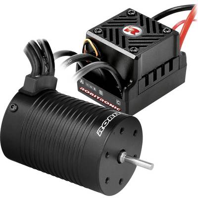 Brushless electric motor with fan module, cables and metal casing. Suitable for remote-controlled models. Marking: 'Robitronic'.