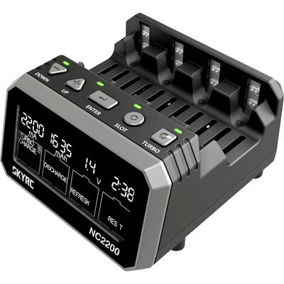 Battery charger with four battery slots, display shows charging voltage, time and modes like 'Turbo'. Buttons for 'Down', 'Up', 'Enter', 'Slot', 'Turbo'.