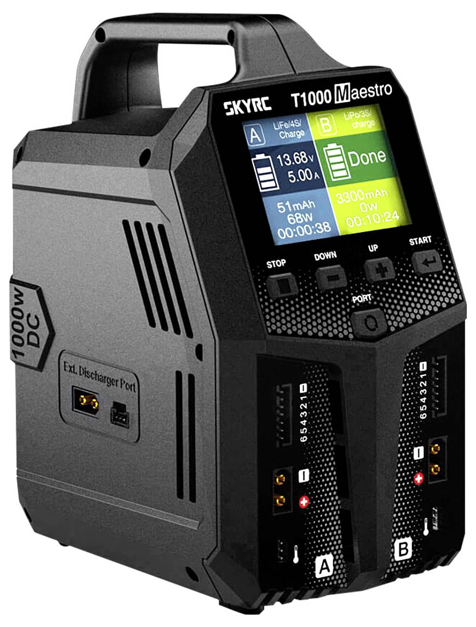 Battery charger in black with LCD display, showing charge status 100%, input voltage 13.68V, output 51mAh, two charging ports.