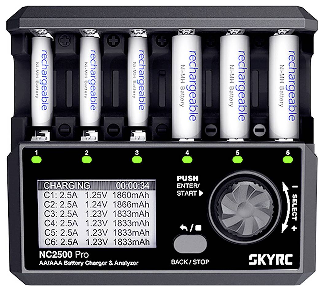 Battery charger with six AA batteries. Display shows charging progress and capacity, e.g. 'C1: 2.5A 1.23V 1860mAh'.