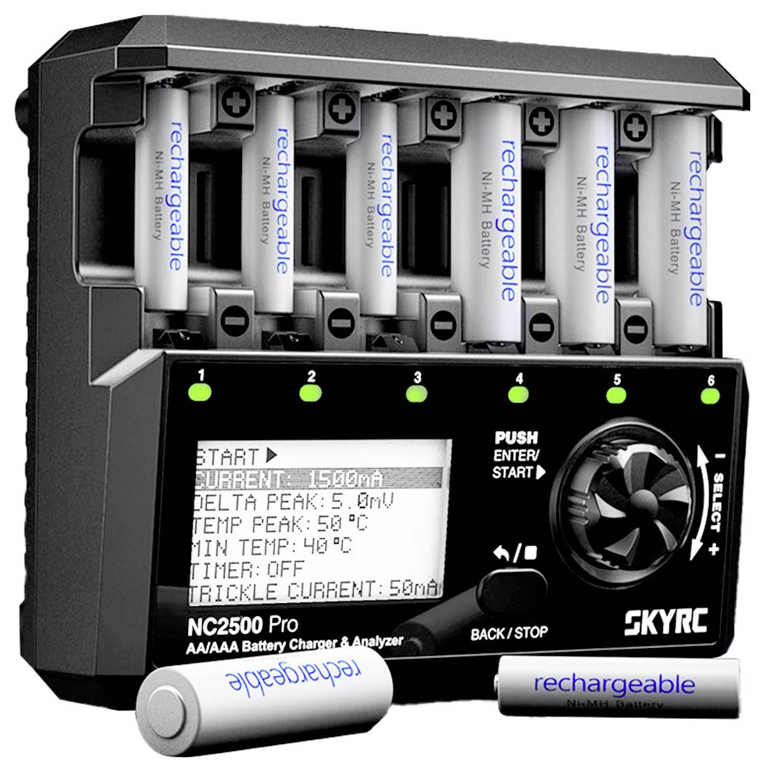 The image shows a SKYRC NC2500 Pro charger with AA batteries inserted. The display shows charging information such as current and temperature.