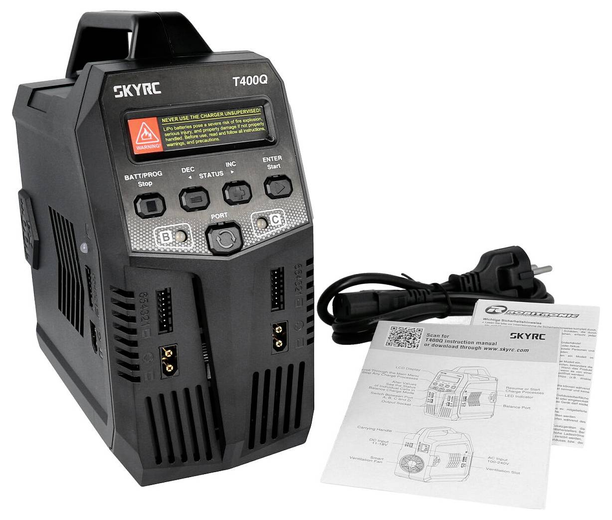 Battery charger with display, button control, two charging ports, power cable and user manual. Brand name 'SKYRC'.