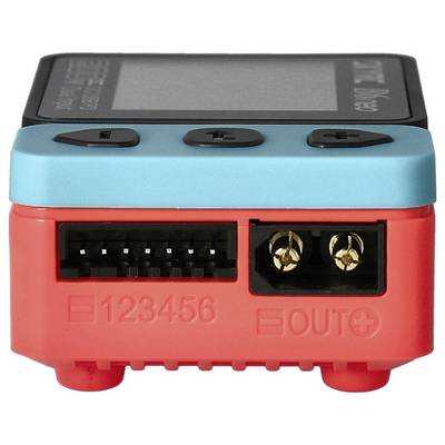 An electronic device with two socket ports on the right and a multi-pin connector slot on the left. Text 'OUT +' on the red surface.