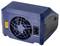 'A blue electronic device with a fan, yellow and black plug connector. Label: DC IN 10-30V, AC 100-240V.'