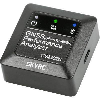 Small, black device with the inscription 'GNSS Performance Analyzer GSM020' and logos for GPS, Bluetooth and two operating buttons.