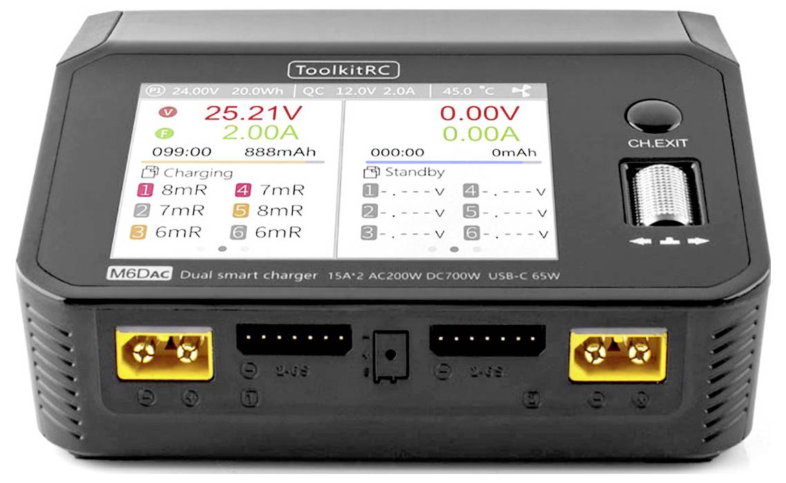 'Charger with LED display showing 25.21V, 2.00A, charging at 888mAh with two connections. Buttons and multi-function dial on the device.'