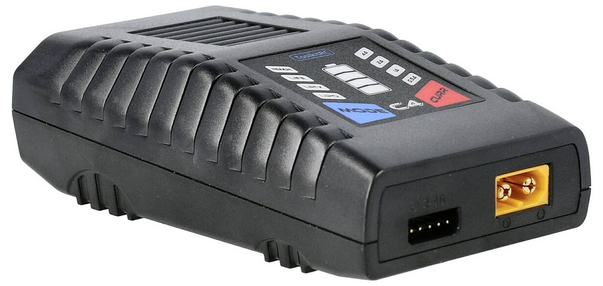 Black RC battery charger with ventilation slots, two connection sockets and a control panel with buttons for settings and selection.