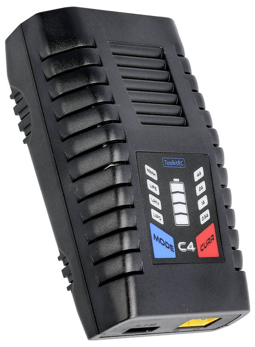 Black charger with digital display, buttons, and ventilation slots, possibly for RC batteries.