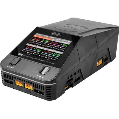 A black charger with a digital display shows various voltage and current values, suitable for RC batteries.