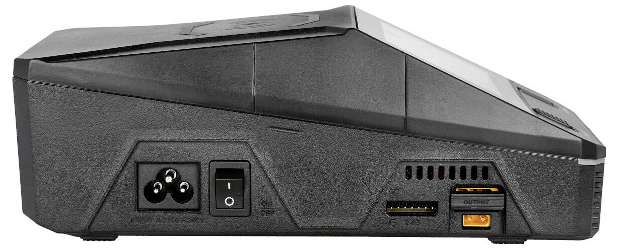 Black electronic device with power connection and switches on the side; expanded ports for various functions visible.