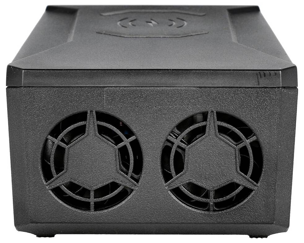 A black electronic device with two round ventilation openings on the front, possibly a computer accessory.