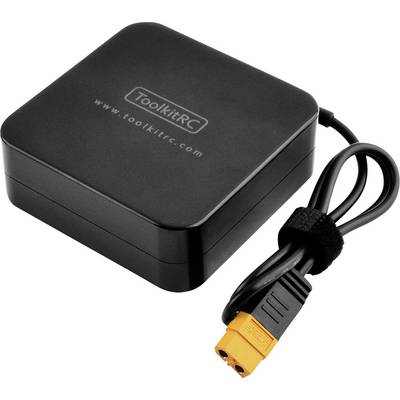 Black ToolkitRC charging device with cable and yellow plug.
