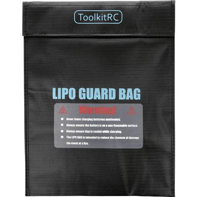 A black bag with the inscription 'LIPO GUARD BAG'. Underneath, a warning note describing safety precautions for battery charging.