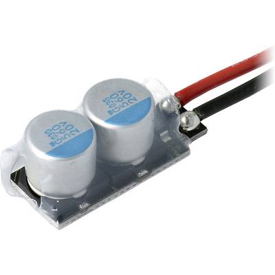 An electrical component with two silver cylinders on a small circuit board, connected with a red and a black cable.