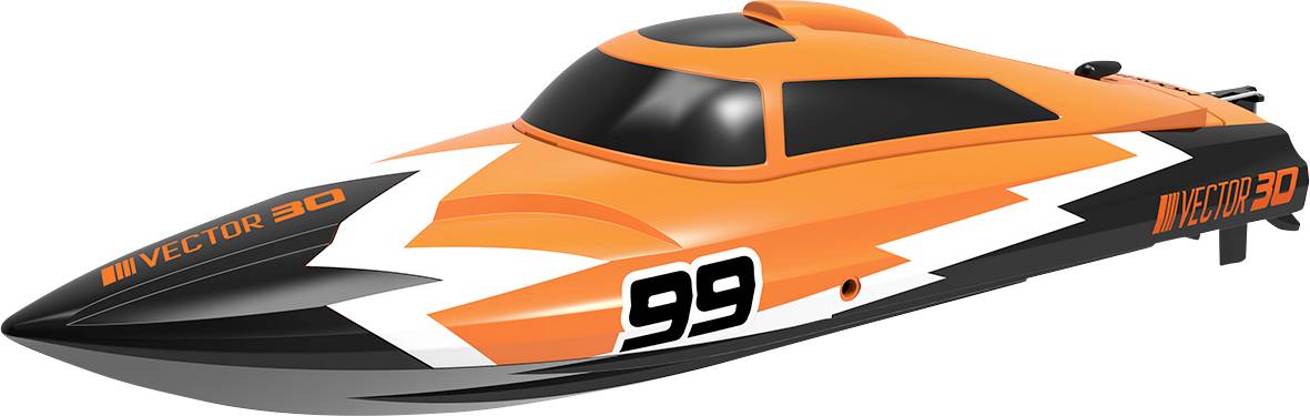 An orange and black racing boat with the number 99 and the text 'VECTOR 30' on its side, stylishly and modernly designed.