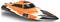 An orange-and-black model speedboat with the number '99' on its side. It has a streamlined shape and a modern design.