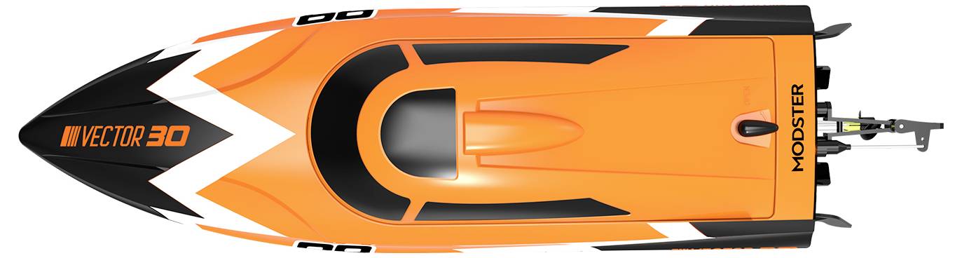 An orange model speedboat named 'Vector 30' is seen from above, featuring a black and white design pattern.