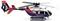 A police helicopter with blue and red livery stands on a white background, ready for deployment.