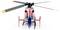 A red plastic toy helicopter with black rotor blades, photographed from the front.