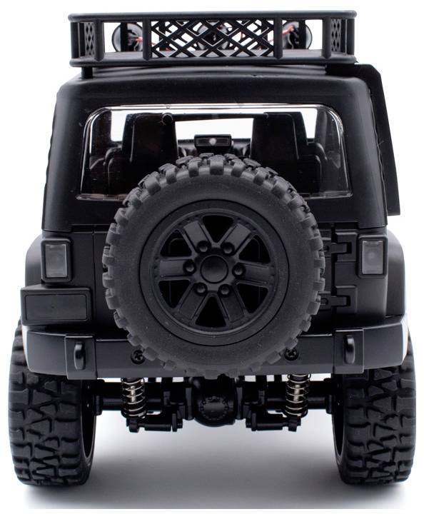 Black model car from behind, with a spare tyre on the boot lid and chunky tyres. Roof rack is empty.