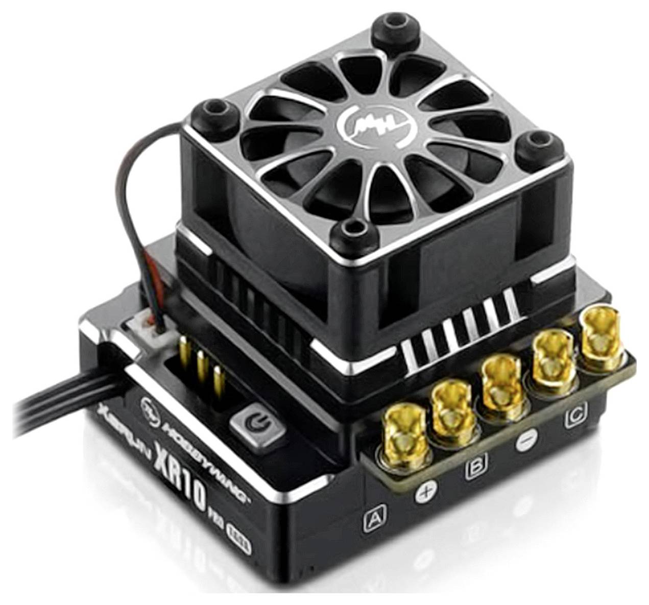 An electronic speed controller (ESC) with heatsink and fan, ideal for use in remote-controlled cars.