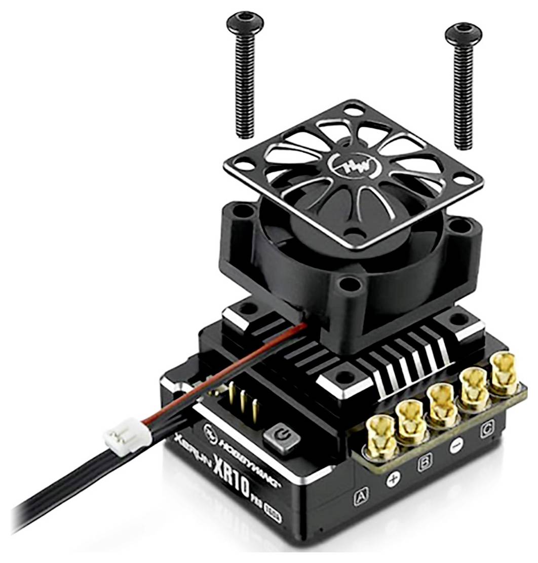 An electronic controller with a heatsink and fan, equipped with multiple gold-plated connections, and two mounting screws.