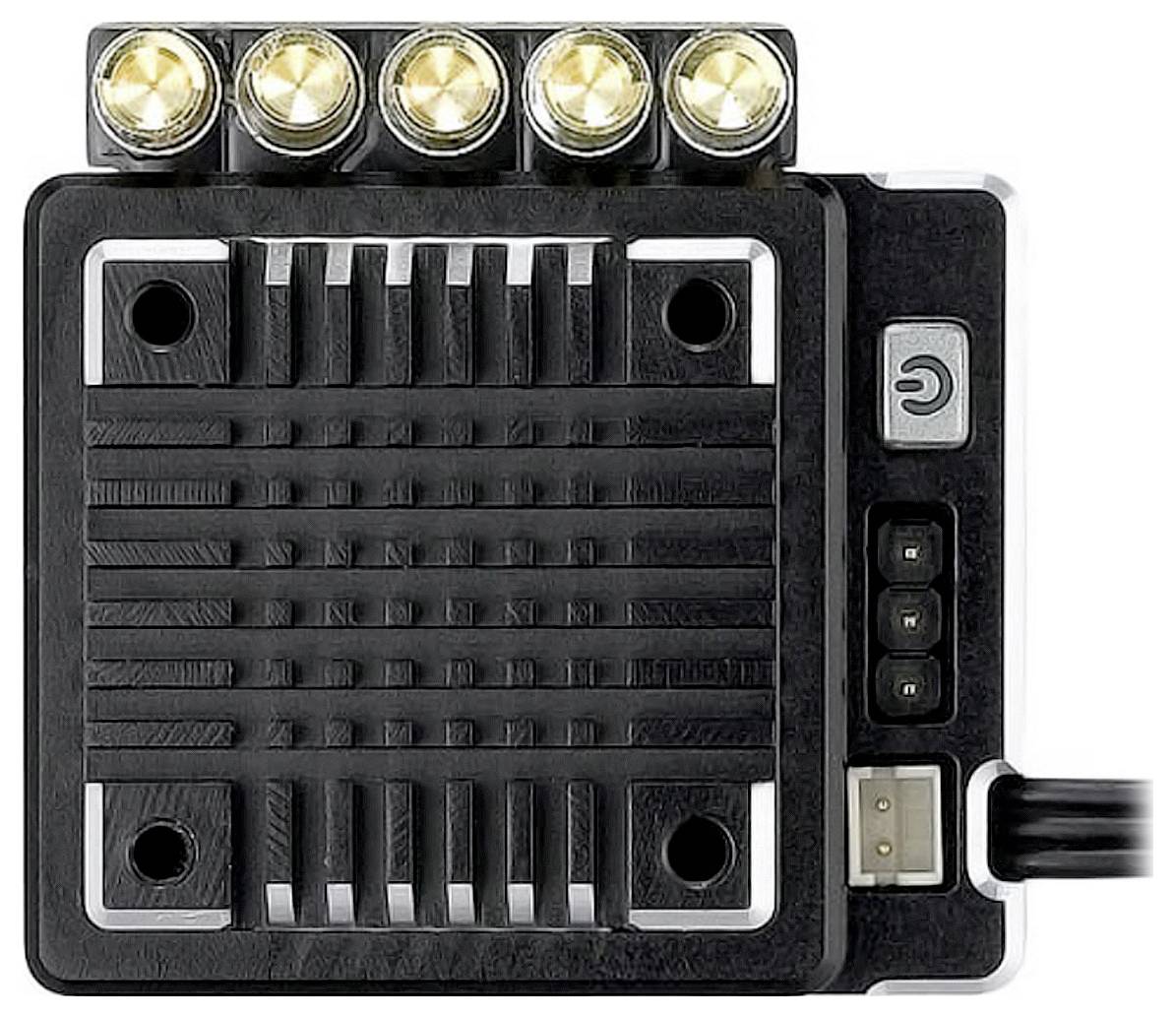 Cooling unit with four golden heat sinks on top, black ribbed casing, control knobs, and cable connection.