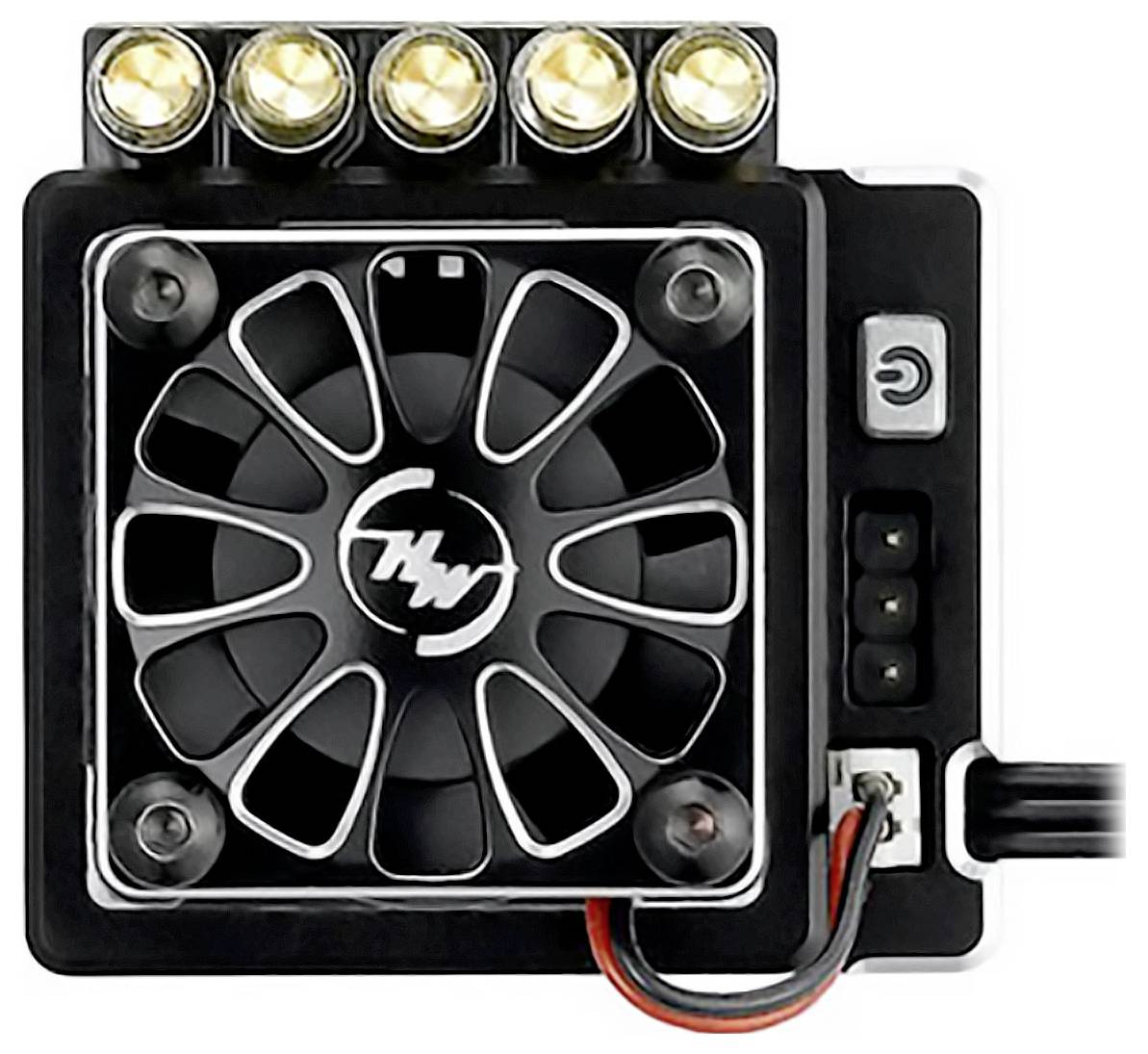 A small computer fan with four yellowish glowing LEDs on top, a central fan and a power switch on the right.