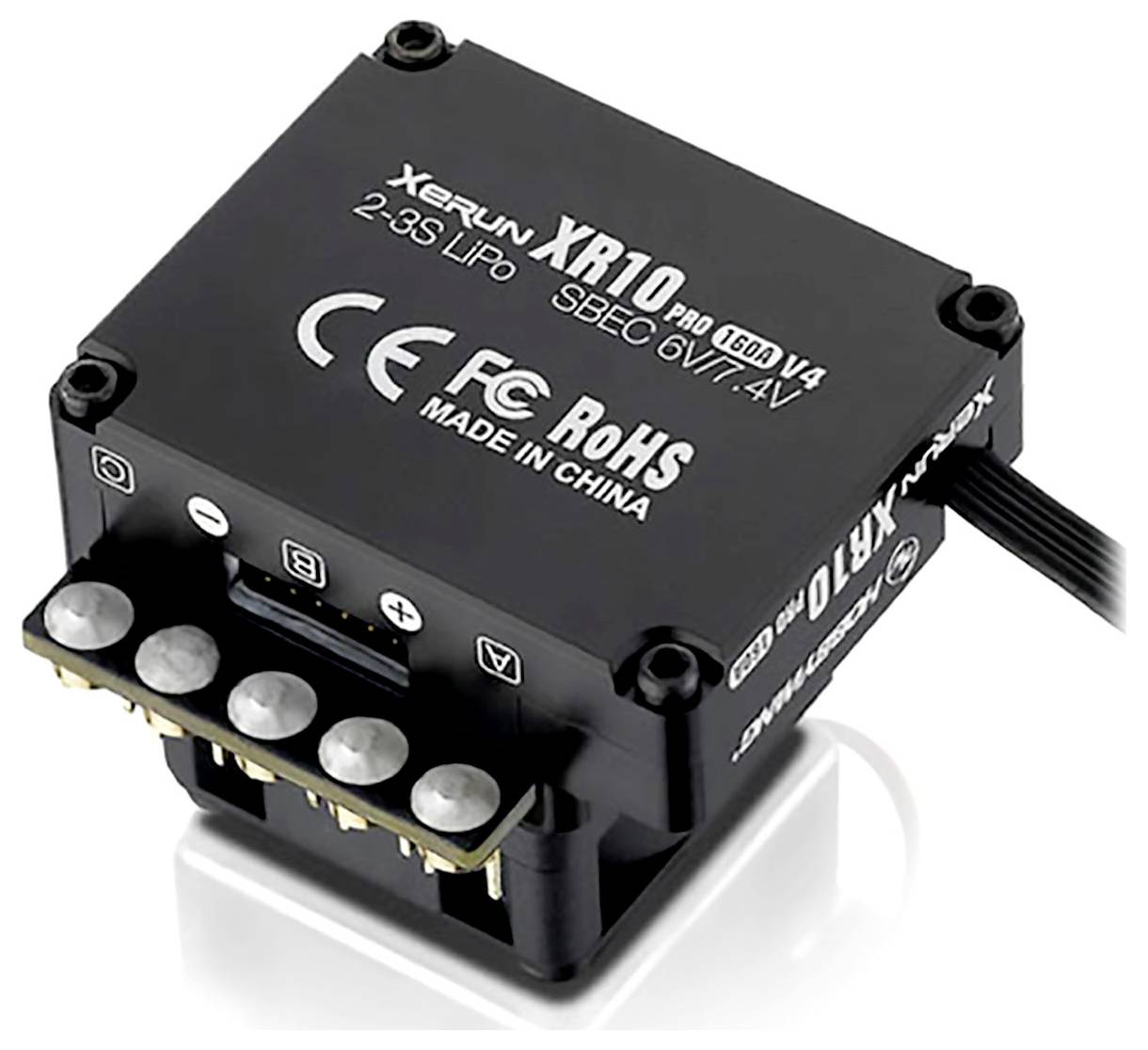 An electronic control device with the inscription 'XeRun XR10 Pro V4'; it is designed for 2-3S LiPo batteries and has CE and RoHS certification.