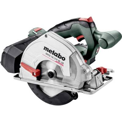 Metabo cordless circular saw with blade guard and handle, shown on a white background.