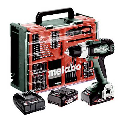Cordless drill set with green drill driver, charger, two batteries and red storage case with numerous bits and tools.