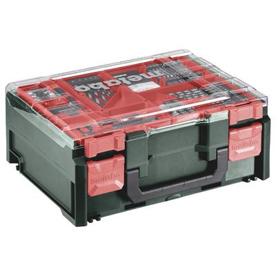 Tool case with a transparent lid, with 'Metabo' written on it. Various small parts and tools visible inside.