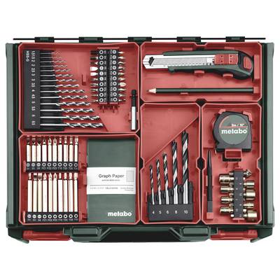Tool kit with drills, screwdrivers, Stanley knife, tape measure, pencils and paper. Ideal for DIY projects.
