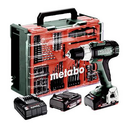 Metabo case with green cordless screwdriver and accessories. Includes batteries, charger and bits in various sizes and shapes.