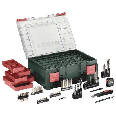 Green tool box with open lid, containing various drill bits, screwdriver bits, tape measure, screwdrivers and cutters. Brand name visible.