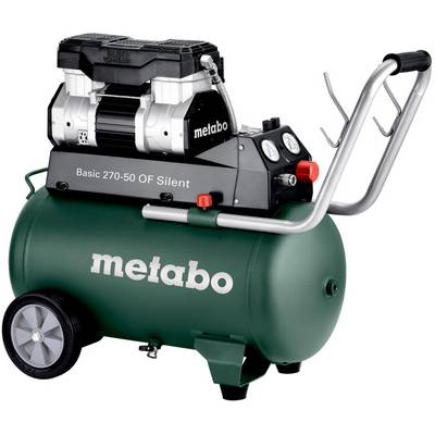Metabo Basic 270-50 OF Silent air compressor with green tank, wheels, and handle shown on white background.