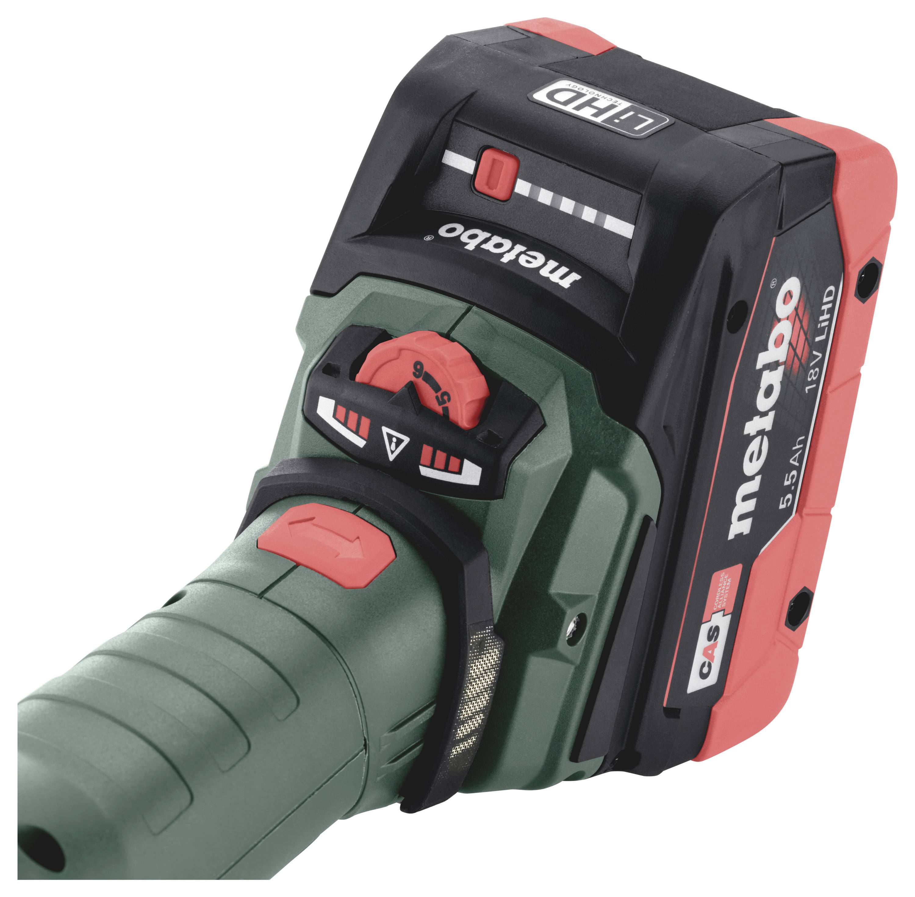 This image depicts a Metabo cordless drill. It is green with red details and shows the battery and control elements.