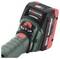 This image depicts a Metabo cordless drill. It is green with red details and shows the battery and control elements.
