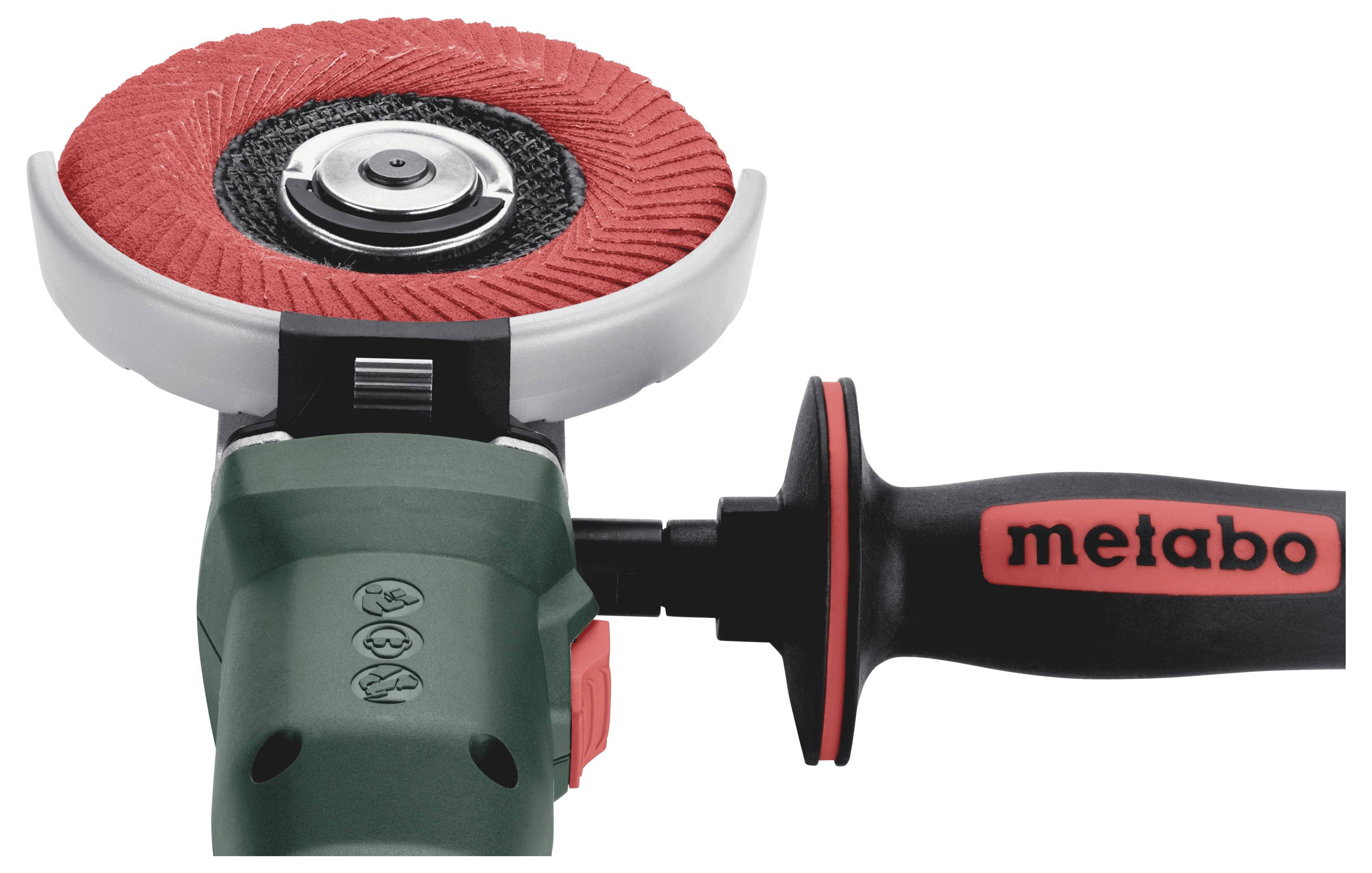 Image of an electric angle grinder with a red grinding wheel and black handle featuring the 'metabo' logo.